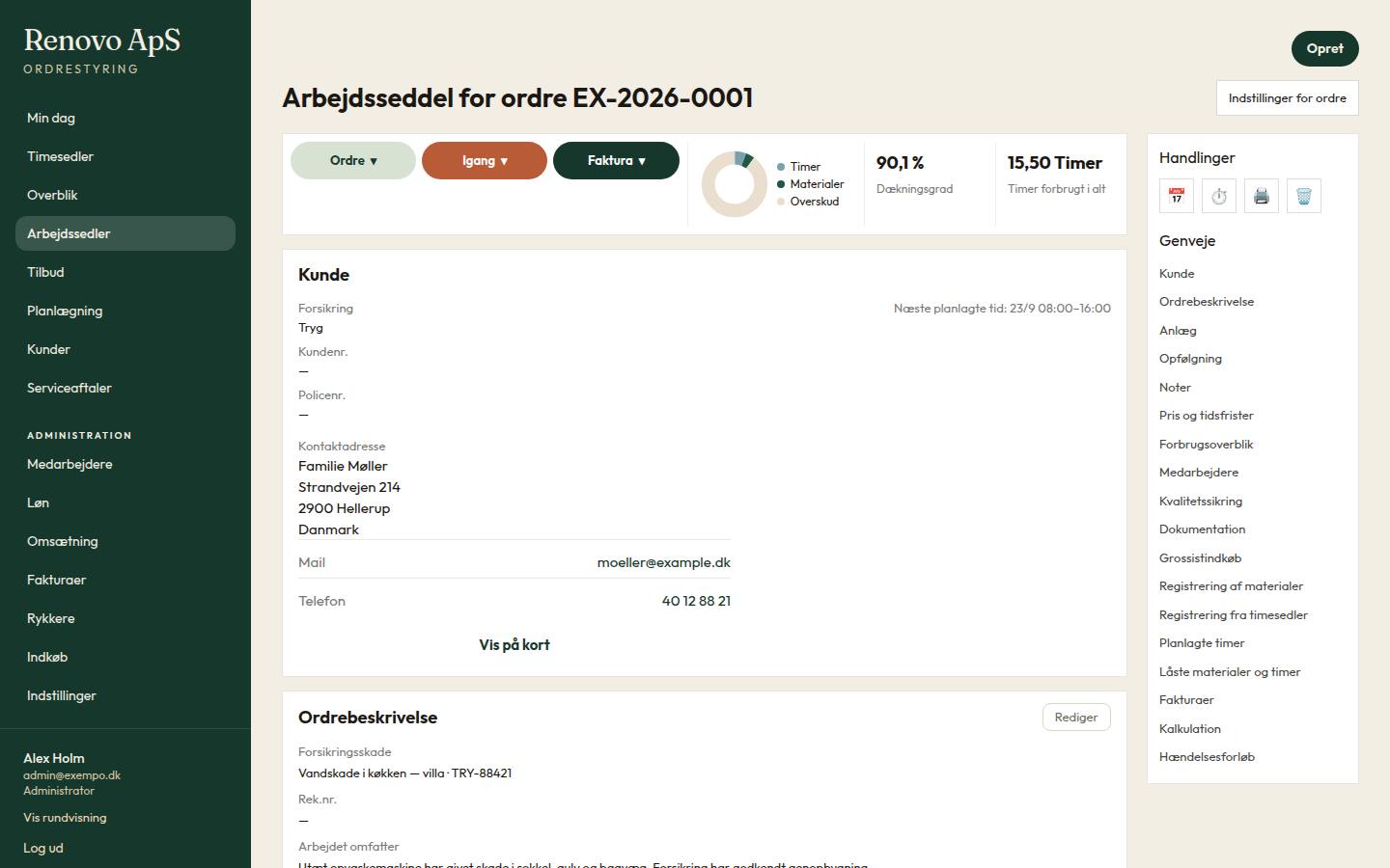 Arbejdsseddel med kunde, tid og materialer